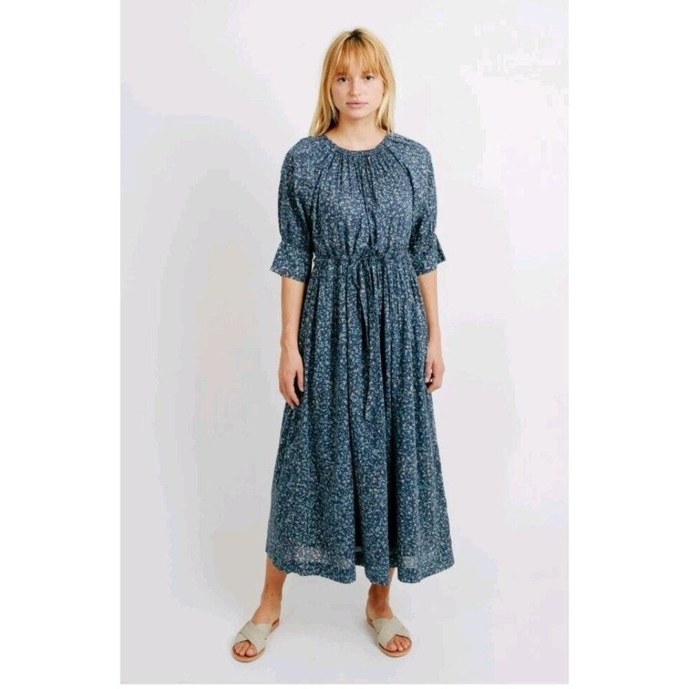 Mirth Vienna Cotton Floral Cottagecore Drawstring Lined Blue Maxi Dress Small S
